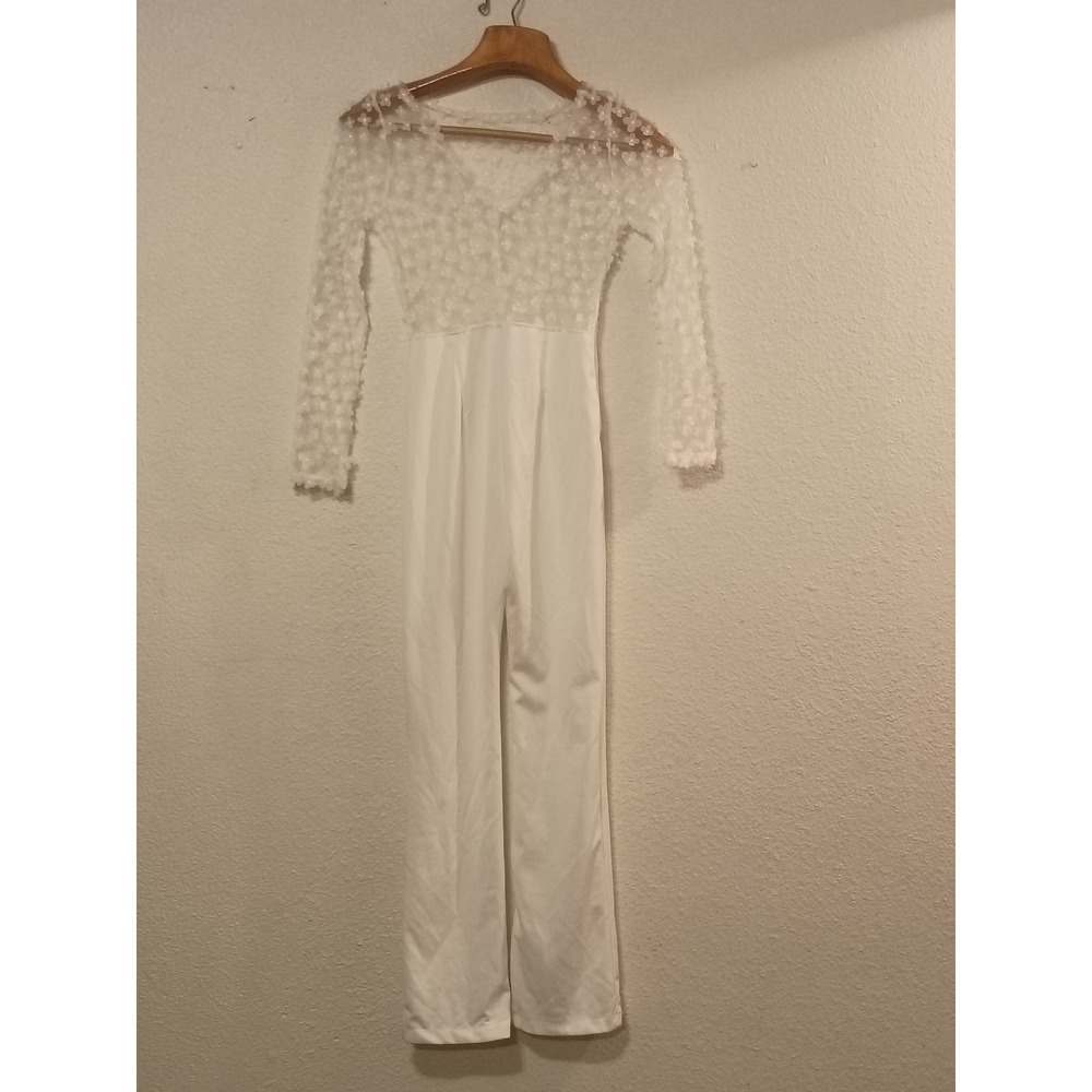 White Floral Applique Mesh Long Sleeve Jumpsuit V-Neck Straight Leg Small